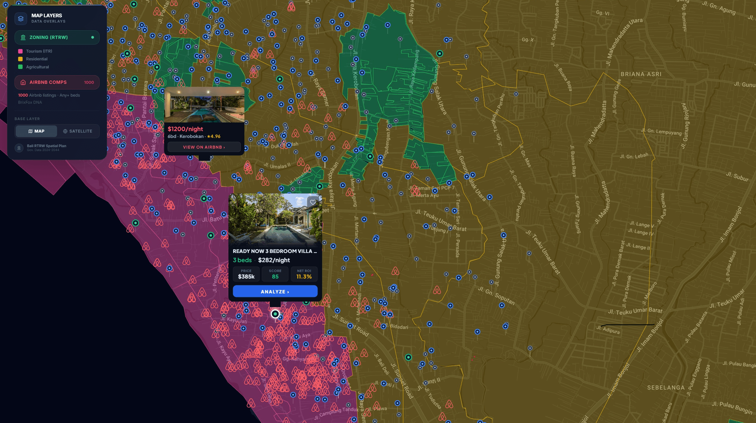 Bali interactive map with satellite imagery, zoning intelligence overlay, and Airbnb comp data showing Tourism, Residential and Agricultural zones