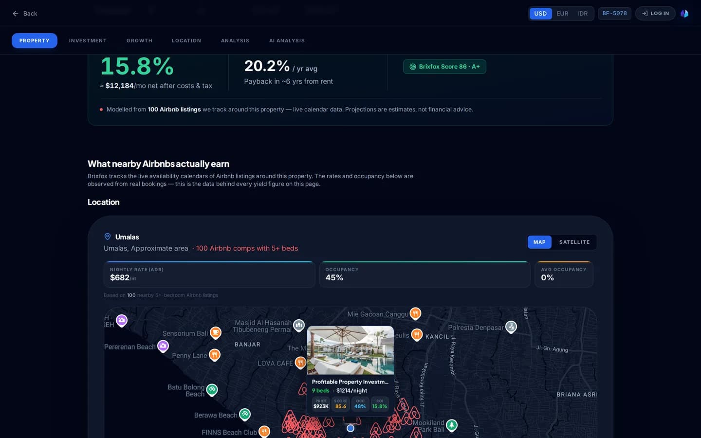 Brixfox comp engine showing what nearby Airbnbs actually earn around a specific property, with a map of comparable listings.