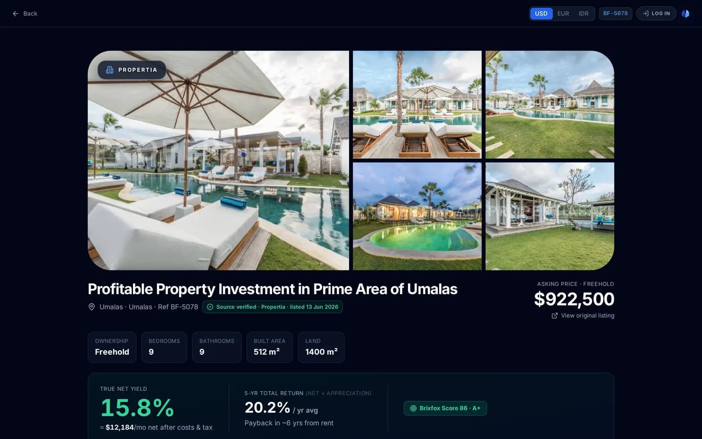 Example Brixfox property page showing the true net yield, BrixfoxScore grade and 5-year projected return for a villa.